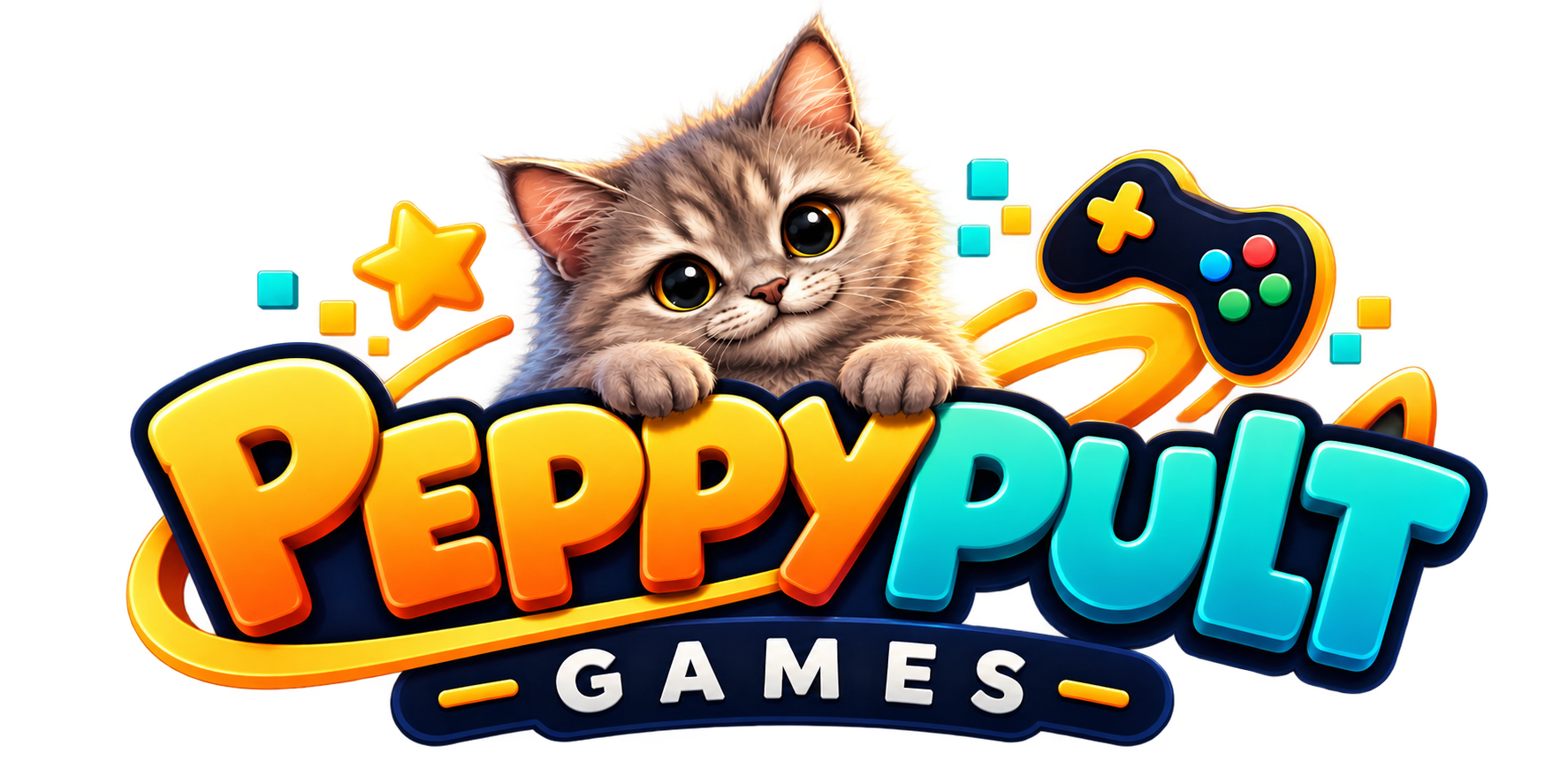 Peppypult Games — fluffy grey cat above gold PEPPY, teal PULT and a navy GAMES banner